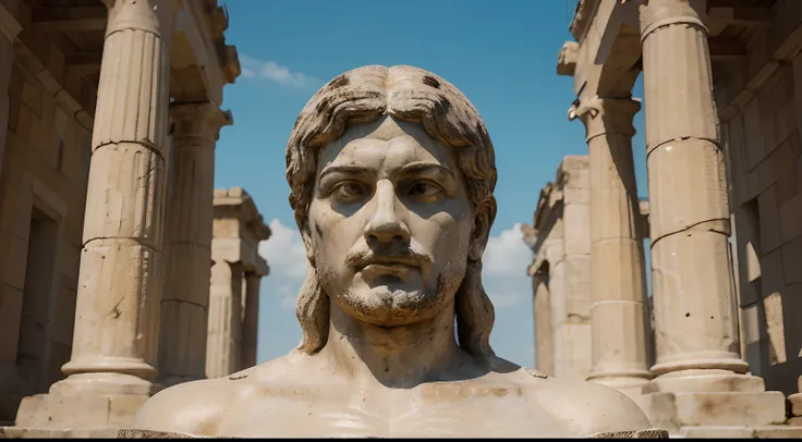 Ancient Stoic Statue With Very Angry Expression, tem barba, muitos detalhes em ambos os olhos, Outside, fundo atenas grego, open sky, com rosto extremamente detalhado full body view, Colors with low saturation with dark tone, Filmado em Sony A7S III com So...