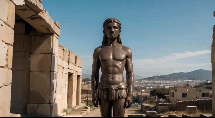 Ancient Stoic Statue With Very Angry Expression, tem barba, muitos detalhes em ambos os olhos, Outside, fundo atenas grego, open sky, com rosto extremamente detalhado full body view, Colors with low saturation with dark tone, Filmado em Sony A7S III com So...