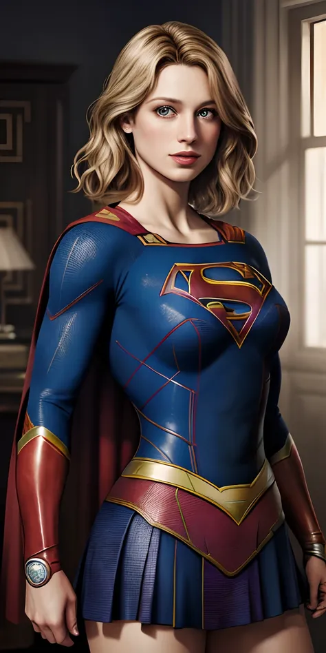 best quality, Realistic, fotorrealista, Award-Winning Illustration, (detalhes intrincados: 1.2), (detalhe delicado), (detalhes intrincados), (Cinematic light, Supergirl com cabelo curto extremamente sexy