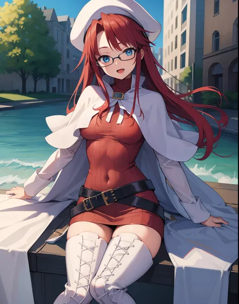 summonnightaty, aty, long hair, blue eyes, red hair, beret, hat, glasses,
BREAK long hair, thighhighs, hat, dress, boots, glasses, belt, cape, sweater, zettai ryouiki, beret, thigh boots, white footwear, ribbed sweater, loose belt,,
BREAK outdoors, fantasy...