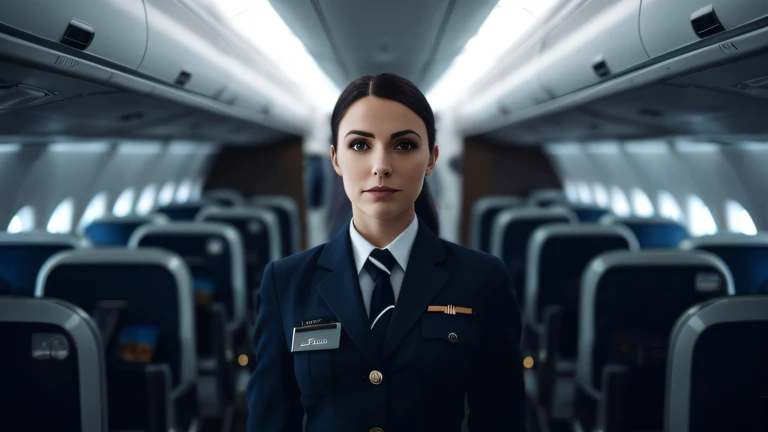 Woman in uniform standing in an airplane cabin, menina piloto