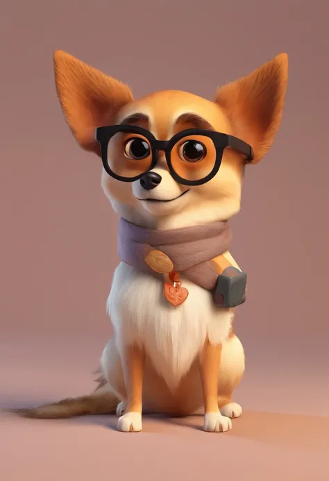 Estilo Pixar: Familia, Um pai com cavanhaque, branco e com cabelo curto, and frameless glasses. Una mother with brown hair, Dark eyes and black glasses. Uma cachorrinha Chihuahua cor castanho.