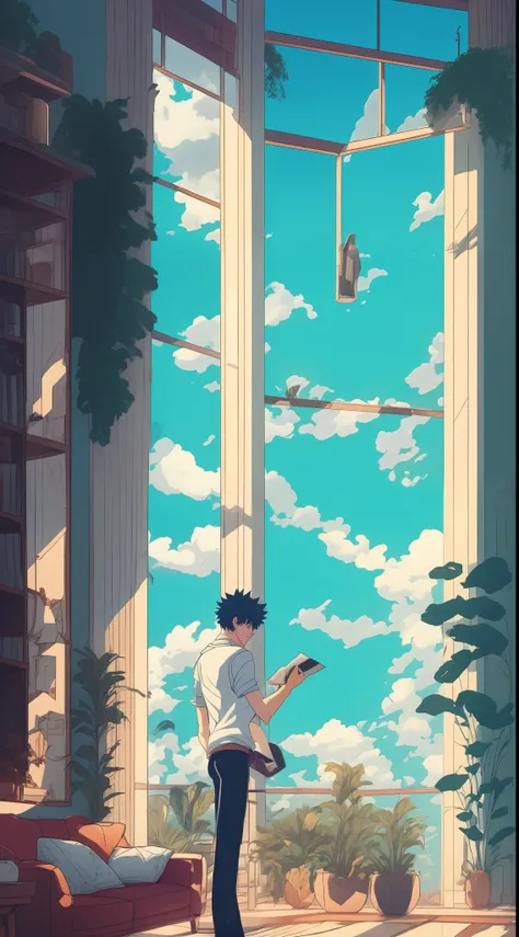 Midoriya Izuku answering the phone looking down at the floor. Roupas casuais, vamos arrancar. Corpo todo. Scenery inside a house in the living room. --auto