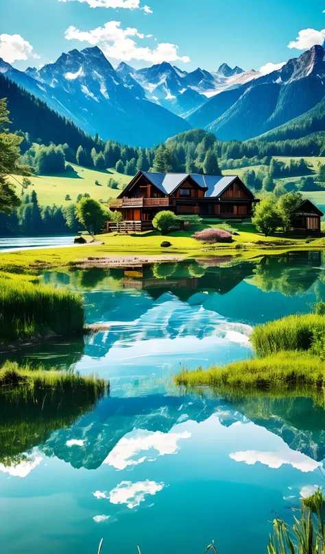 there is a house on the bank of a lake with mountains in the background, beautiful place, very beautiful scenery, beautiful lake background, beautiful lake, stunning nature in the background, beautiful panoramic view, very beautiful scenery, peaceful lands...