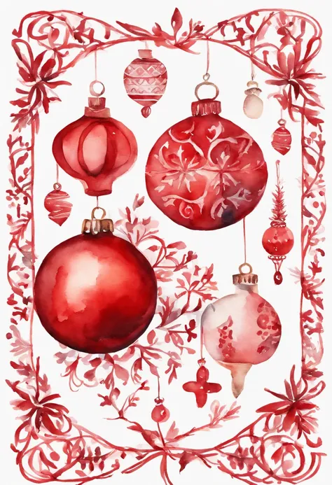 Red christmas decoration pattern with ribbon on white background, Watercolor drawing. Red Christmas Ball, holiday season,  Stacia Burlington Style, watercolour, soft colour, Serene face, a closeup of a, Vintage images