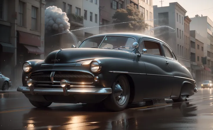 Necessidade de velocidade, Mercury 1949 preto, correndo pela rua molhada, quase, spreading water on the street, hyper realistic, motion blur, blurry background, altamente detalhado, divine proportion, (((Enquadrado))), perfect composition, perfect lighting...