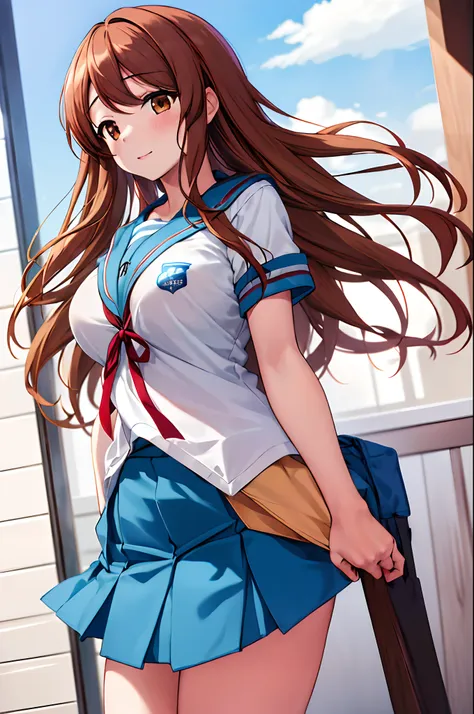 masterpiece, best quality, highres, mikuru1, 1girl, asahina mikuru, long hair, kita high school uniform, solo, blue sailor colla...