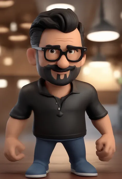 Cartoon character of a man with black glasses and a black polo shirt, cabelo liso, With beard and old school tattoo on his arm, animation character, Caractere estilizado, animation style rendering, 3D estilizado, Arnold Maya render, 3 d render stylized, to...