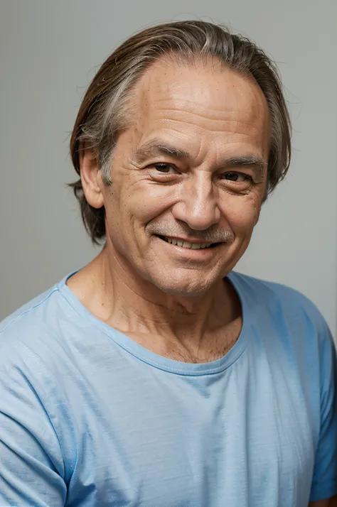 Create an image of an elderly man smiling from the front with blue shirt and white background in high resolution