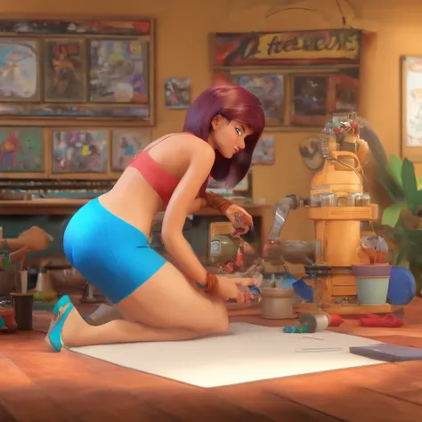 create a 3D movie poster inspired by Disney Pixar, The scene should be in Pixars signature digital art style, com uma imagem caricatural que lembra a cantora brasileira "Anita" in the prone position, Wearing a bikini while a tattoo artist is sitting tattoo...