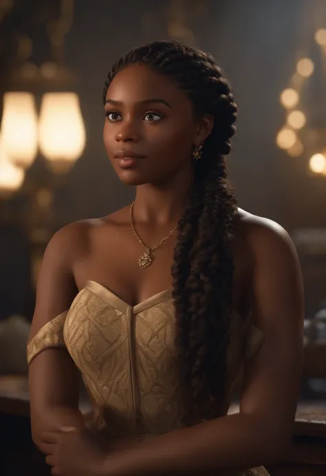 (best quality,4k,8k,Altas,master part:1.2),ultra-detalhado,(Realistic,fotorrealista,photo-realistic:1.37),A young black woman with braided locks , Filme inspirado na Pixar, em um estilo de arte legal e elegante, distinto do estilo habitual da Pixar.