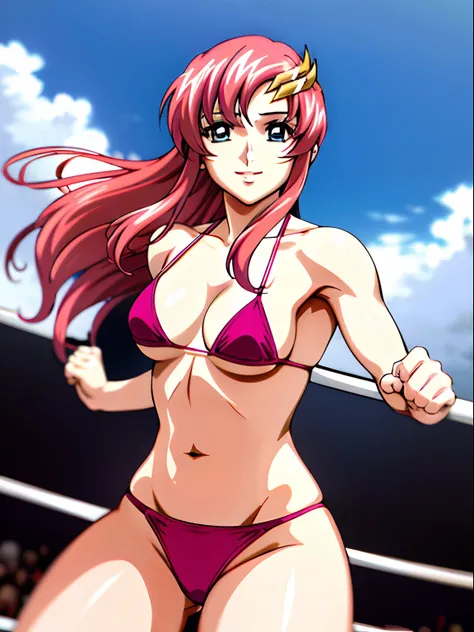 (masterpiece, far view, 4K, Best Quality, Anime style: 1.9,, Adult Woman, ultra detailed face, (cloud background, wrestling), Drawing lines, high resolution, Anime, lacus4), 1girl, Solo, curvy figure, very Long hair, 鎖骨, scapular, (Detailed wide hair bangs...