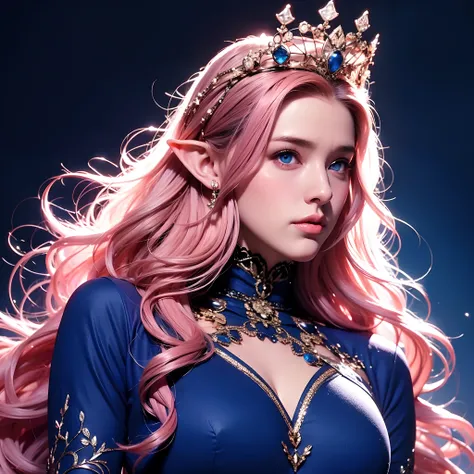 Woman, long curly hair, pink hair, blue eyes, elf, sexy, wearing a crown, Queen, dark blue background, magic all around, magic, Powers, low-cut dress, low-cut dress, adult