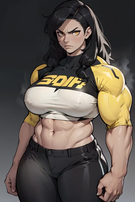 (1girl) pale skin huge breasts (muscular) toned body thick thighs black hair yellow eyes (long hair grey background) bodybuilder angry tight pants