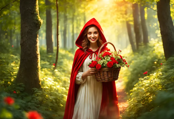 A girl in a red hood,walking in the forest,holding a basket with fruits and bread,carrying a small flower bouquet,laughing,with a gentle smile,playful eyes,walks in solitude in a fairy tale-like forest,with vibrant colors,illuminated by soft sunlight,bathe...