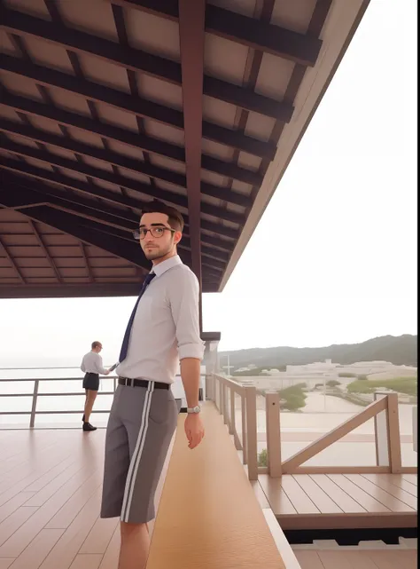 Um homem de 30 anos, com cabelos castanhos curtos,face de diamante, olhar rigoroso, e olhos castanhos, Wearing white white shirt with tie and glasses.