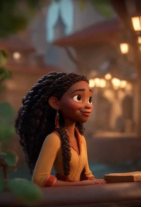 (best quality,4k,8k,Altas,master part:1.2),ultra-detalhado,(Realistic,fotorrealista,photo-realistic:1.37),A young black woman with braided locks , nariz fino, bochechas grade e olhos pequenos, Filme inspirado na Pixar, em um estilo de arte legal e elegante...