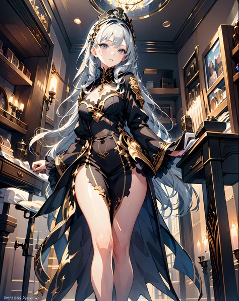 1 girl, (((ultra-detailed))), ((masterpiece)), ((illustration)), sensual, starlight saintess, black ornate dress, curvaceous woman, head veil, long silver hair, fair skin, droopy eyes, starry eyes like the night sky, bust up, facing forward