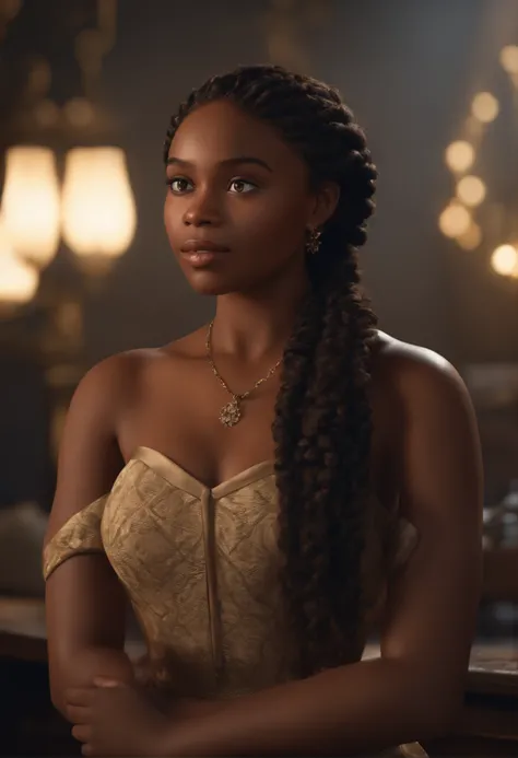 (best quality,4k,8k,Altas,master part:1.2),ultra-detalhado,(Realistic,fotorrealista,photo-realistic:1.37),A young black woman with braided locks , Filme inspirado na Pixar, em um estilo de arte legal e elegante, distinto do estilo habitual da Pixar.