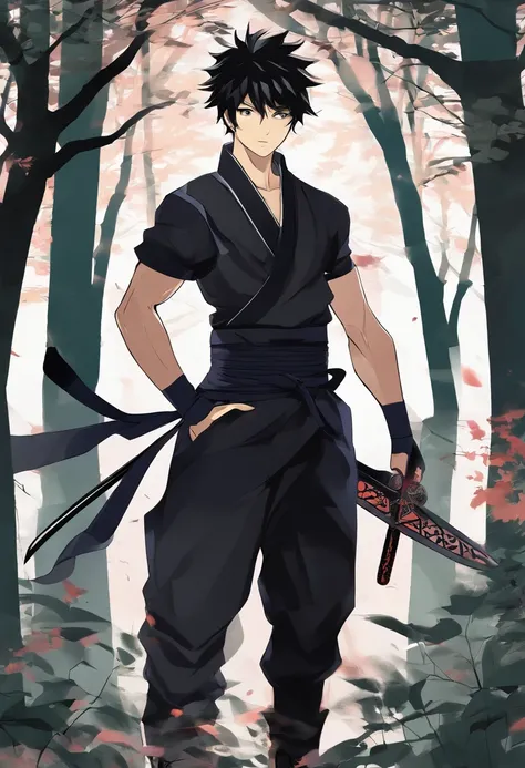 Male character with far black hair black eyes muscular body 14 years old All black outfit in the forest Hes ninja type he doesnt use any kind of sword hes pure punch