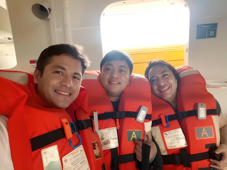 There are three people in life jackets posing for a photo, no oceano, divertindo-se, em um barco, em um iate no mar, with anchor man and woman, on aircraft carriers, em um super iate, fami, no meio do oceano!!!!!, Family photo, no mar, em um navio pirata, ...