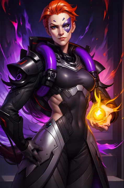 moira, (bodysuit), heterochromia, red and blue eyes, half-mask, cruel smirk, hands on hips, arrogant face expression, looking at...