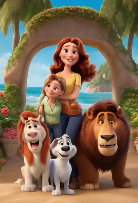 a Disney Pixar movie poster showing a white-skinned family. The father is the tallest, Tem barba curta, loiro, cabelos curtos e espinhosos. The mother has brown eyes and hair, shoulder-length and is slightly overweight. A menina tem 4 anos e cabelos castan...