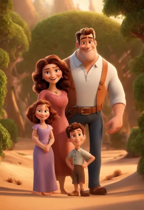 a Disney Pixar movie poster showing a white-skinned family. The father is the tallest, Tem barba curta, loiro, cabelos curtos e espinhosos. The mother has brown eyes and hair, shoulder-length and is slightly overweight. A menina tem 4 anos e cabelos castan...