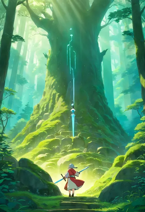 highres, detailed sword embedded in the ground, ancient style, mystical aura, dramatic lighting, fantasy, magical, epic battle, enchanted forest, moss-covered stones, ethereal atmosphere, shimmering light rays, exquisite craftsmanship, mythical artifact