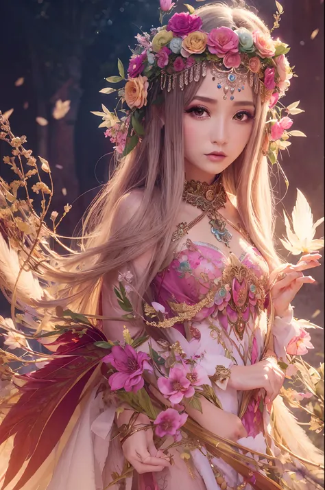 a woman in a dress with feathers and flowers on it, a beautiful fantasy empress, ((a beautiful fantasy empress)), by Yang J, beautiful elf with ornate robes, beautiful fantasy art, fantasy art style, digital fantasy art ), fantasy style art, very beautiful...