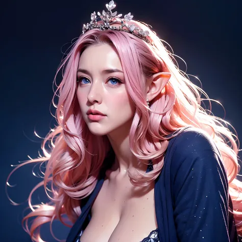 Woman, long curly hair, pink hair, blue eyes, elf, sexy, wearing a crown, Queen, dark blue background, magic around, magic around, cleavage sample, sensual, adult, sexy pose