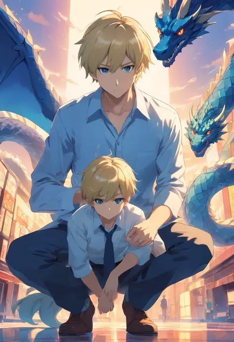 Two-block short hair, short blond Japanese anime male, beard, 40 years old, full body, wearing dark blue set-up, white shirt, with blue dragon, fantasy