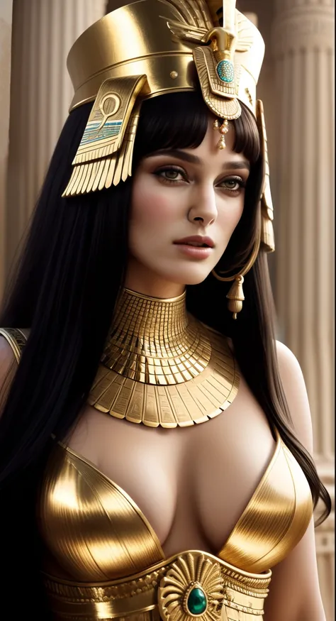 Cinematic portrait, professional cinematography, a close up of a woman in a gold outfit with an egyptian mask, beautiful cleopatra, insane details, egyptian princess, cinematic goddess close shot, cleopatra, extremely beautiful lady, cinematic goddess body...