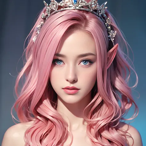 Woman, long curly hair, pink hair, blue eyes, elf, crown, Queen