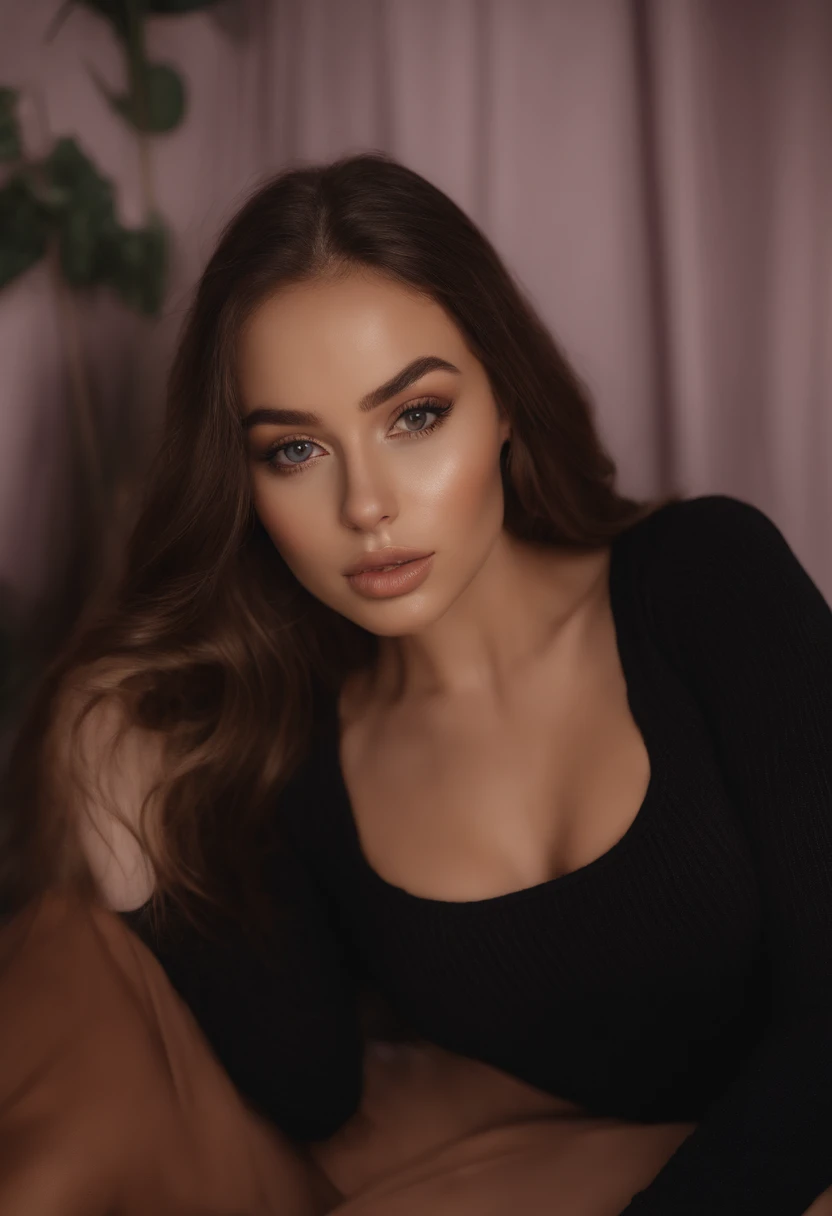 arafed woman with black clothes, sexy girl with brown eyes, portrait sophie mudd, brown hair and large eyes, selfie of a young woman, bedroom eyes, violet myers, without makeup, natural makeup, looking directly at the camera, face with artgram, subtle make...