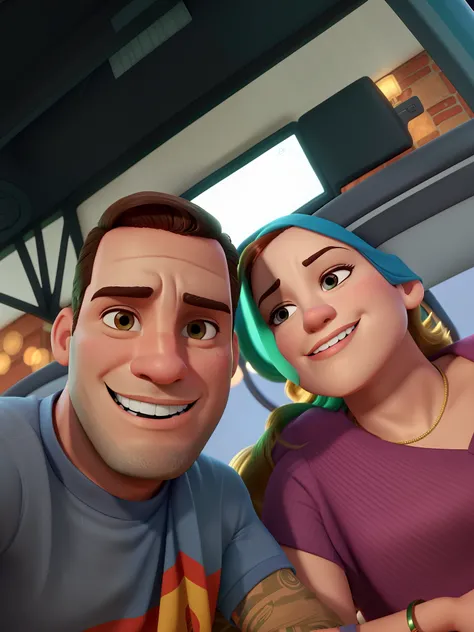 Casal (homem moreno e mulher branca) no estilo Disney Pixar, alta qualidade, melhor qualidade.