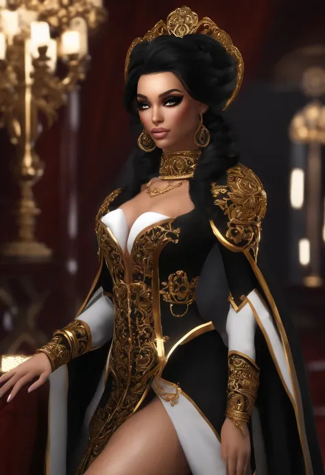 1girl, gilded black uniform, black-white skintight robes!, ((wearing aristocrat robe)), by :5 sexy: 7, dark sienna and white, maid outfit, imvu, black and gold armor, full body;, ebony skin, her black hair is a long curly