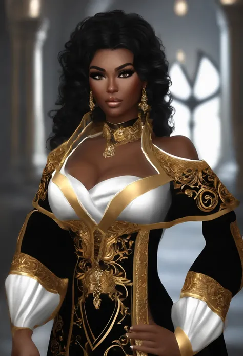 1girl, gilded black uniform, black-white skintight robes!, ((wearing aristocrat robe)), by :5 sexy: 7, dark sienna and white, maid outfit, imvu, black and gold armor, full body;, ebony skin, her black hair is a long curly