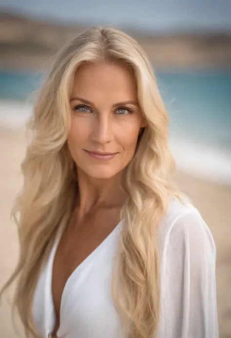 Portrait of a 60-year-old woman  blond woman with long hair and white bikini posing for a picture in greece on the beach, beautiful blonde woman, beautiful blonde girl, blonde woman, a gorgeous blonde, blonde and attractive features, photo of a beautiful w...