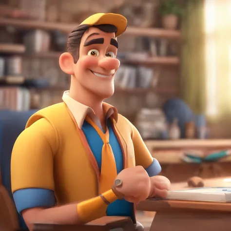 Crie um Disney Pixar inspirado no personagem sendo um homem, 40 anos, esguio, advogado, pele escura, barba, wearing cap, vestindo uma camisa branca e terno azul marinho, Dont wear a tie, with arms crossed, olhando para a frente com um sorriso, fundo com um...