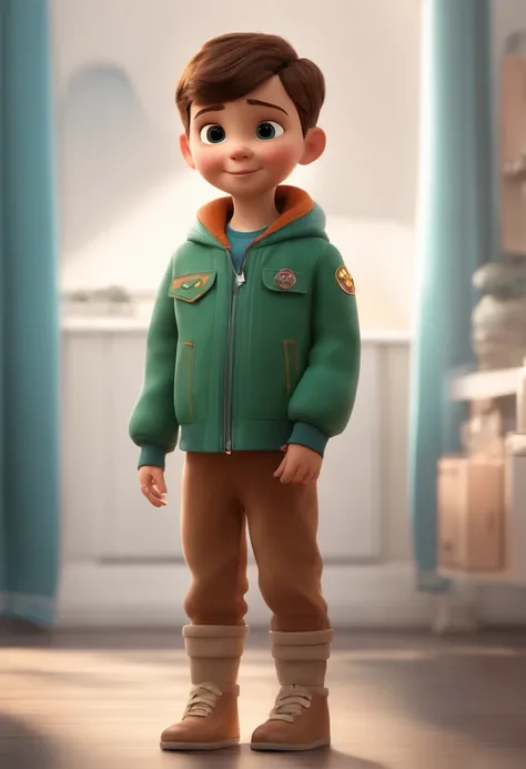 a happy cute kid standing short hair, vestindo uma fantasia espacial, , fundo branco, barnet, Tom, Estilo Pixar, ....3d, desenhos animados, rosto detalhado, asymmetrical 16k