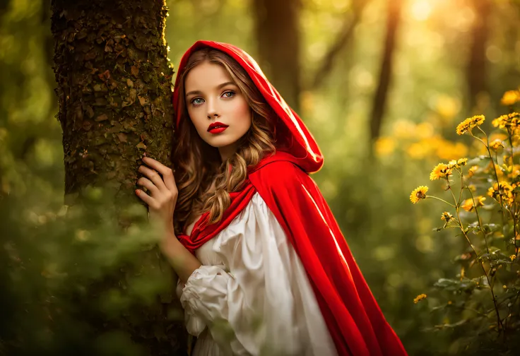 professional photography,little red riding hood,beautiful detailed eyes,beautiful detailed lips,extremely detailed eyes and face,long eyelashes,red cape,tall trees,wildflowers,sunlight streaming through the trees,fairy-tale atmosphere,soft focus,vivid colo...