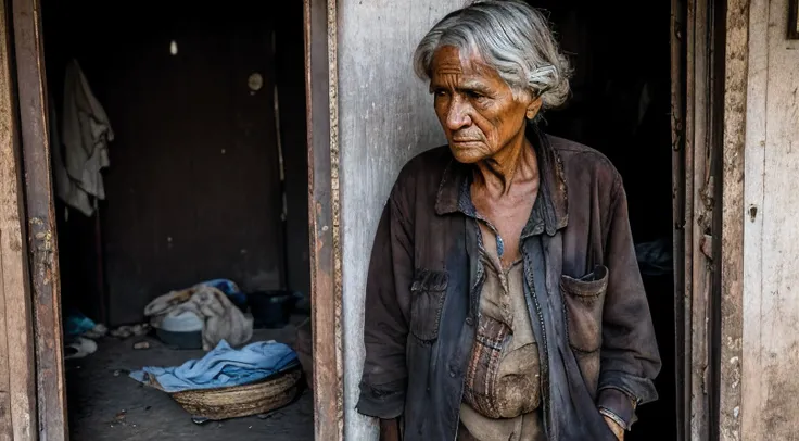 «»A poignant photorealistic image of an elderly woman in extreme poverty, standing outside her dirty and cluttered home, wearing torn and dirty clothes that reflect her dire living conditions«», Photograph, Impoverished Living Conditions, Artistic Inspirat...