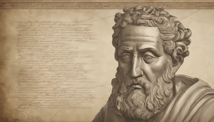 Visualize a high-resolution image featuring a stoic man with a strong and wise appearance, diligently making notes on a parchment scroll. This image captures the essence of stoicism and portrays a man who embodies its principles while engaged in the act of...