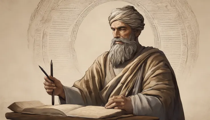 Visualize a high-resolution image featuring a stoic man with a strong and wise appearance, diligently making notes on a parchment scroll. This image captures the essence of stoicism and portrays a man who embodies its principles while engaged in the act of...