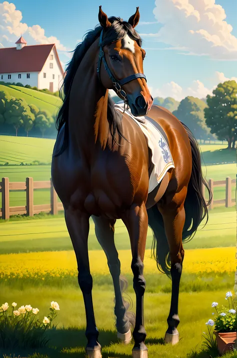 a disney horse pixar “rose” a black horse with a white spot on face and a white spot on one leg running in a field with a barn in the background