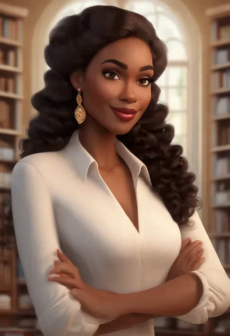 Pixar style image with 3D character, a black woman with light skin in a modern dress, she is a real estate agent and is well dressed in the background, a law office with a bookshelf and books with depth, very beautiful, make the adjustments you deem necess...