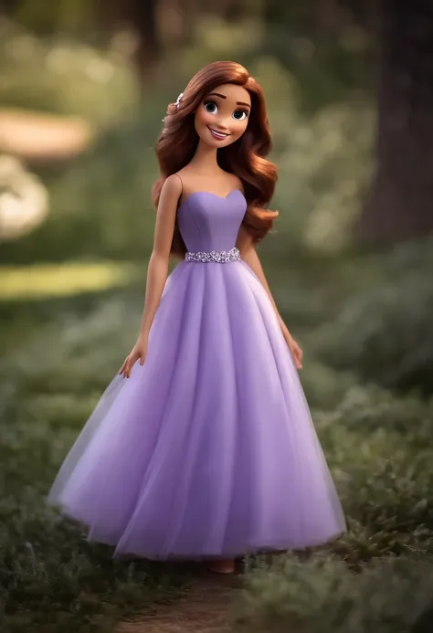 Mulher, estilo disney, tom de pele: morena clara Cabelo: marrom escuro, liso, medium, penteado para o lado direito. Vestido: medium, Lilac color. Fundo: Gray and white gradient,Comemorando, Hands raised, Serious, sorriso de canto, (estilo pixar) (obra-prim...