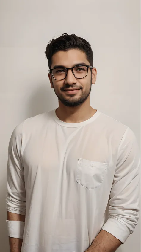 Smiling man with glasses and beard wearing black shirt and black pants, um retrato de personagem por William Berra, Unsplash, Renascimento, Riyahd Cassiem, Retrato de Danny Gonzalez, jewish young man with glasses, daniel mirante, caio santos, José Moncada,...