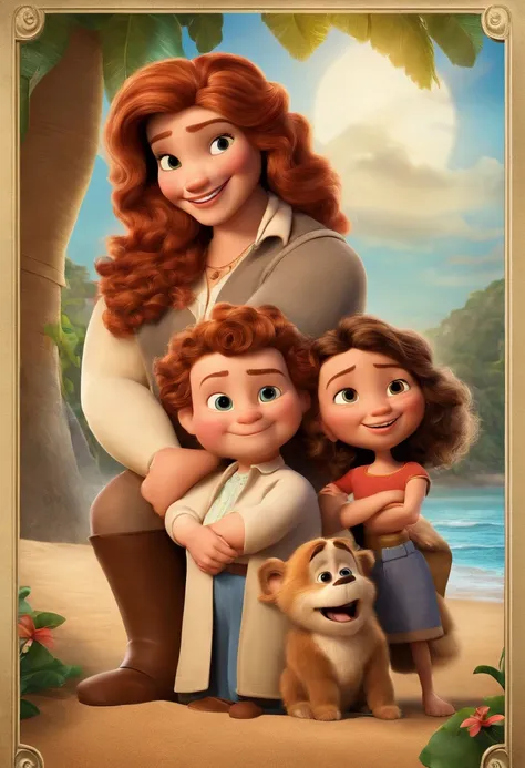 a Disney Pixar movie poster showing a white-skinned family. The father is the tallest, Tem barba curta, loiro, cabelos curtos e espinhosos. The mother has brown eyes and hair, shoulder-length and is slightly overweight. A menina tem 4 anos e cabelos castan...